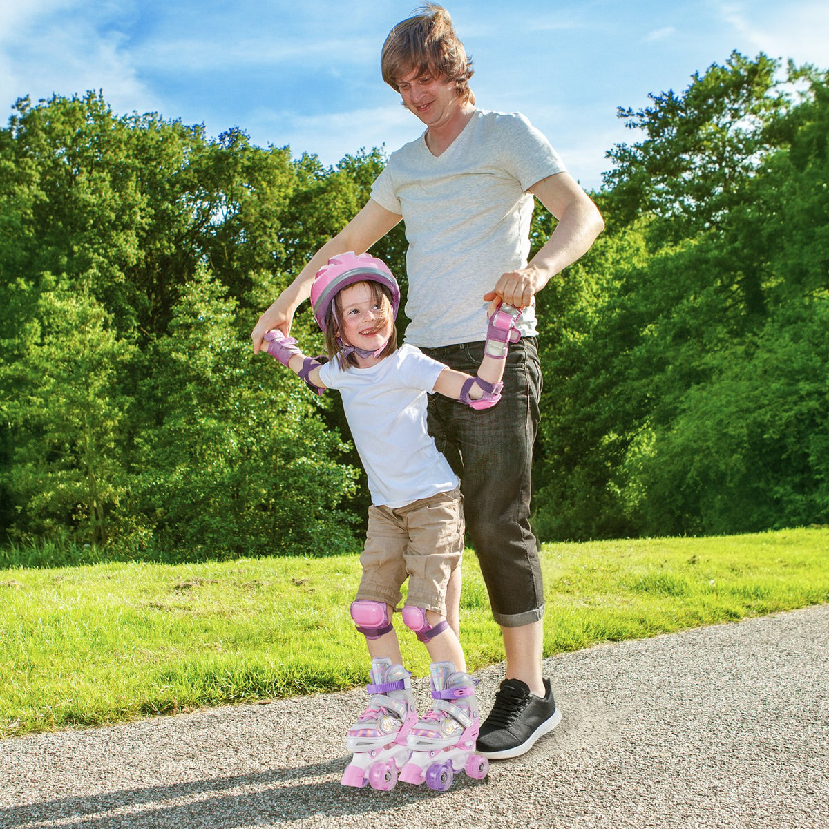 Kids Roller Skates 4 Sizes Adjustable Quad Skates with Light-up Wheels and Safety Protection-Pink view 3