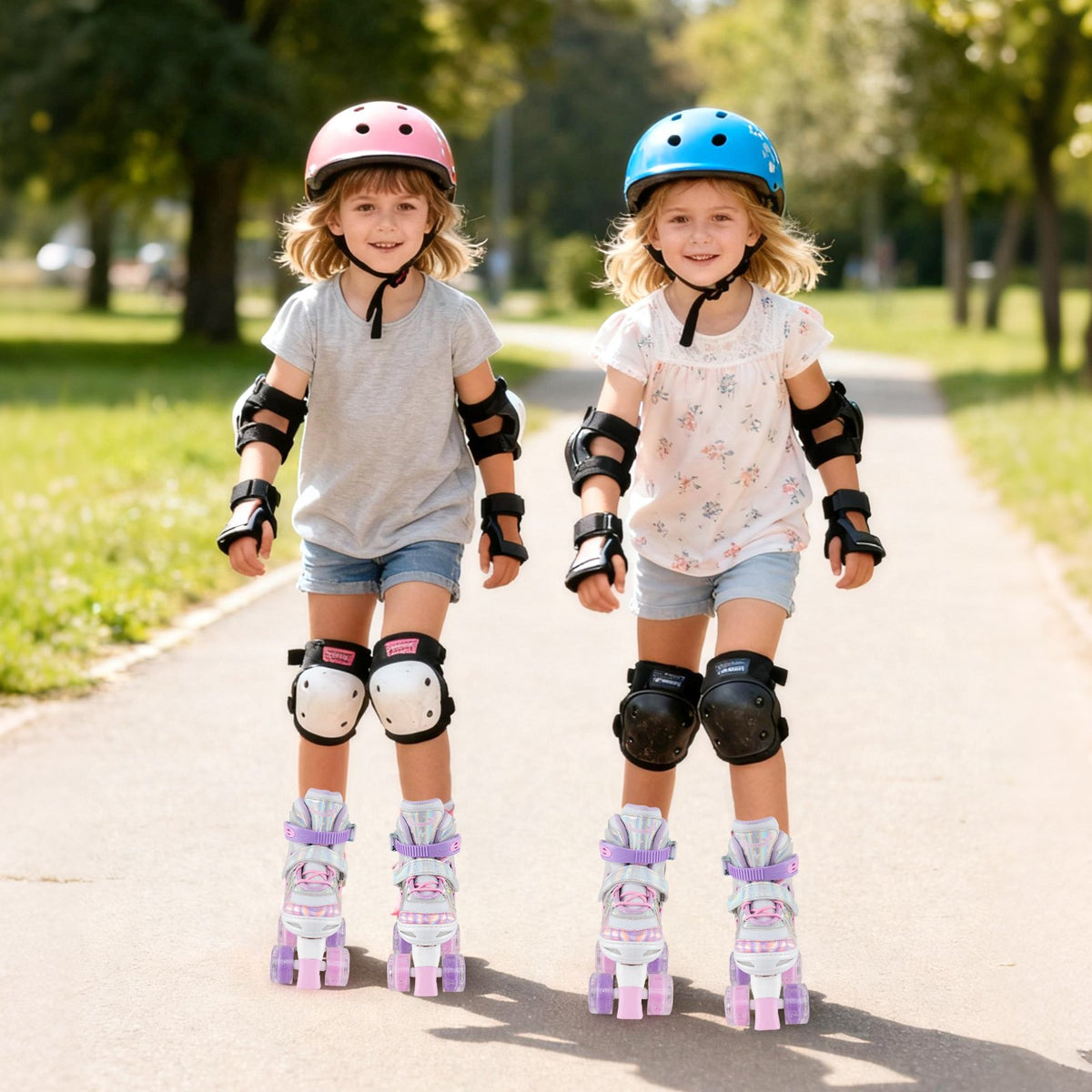 Kids Roller Skates 4 Sizes Adjustable Quad Skates with Light-up Wheels and Safety Protection-Pink view 5