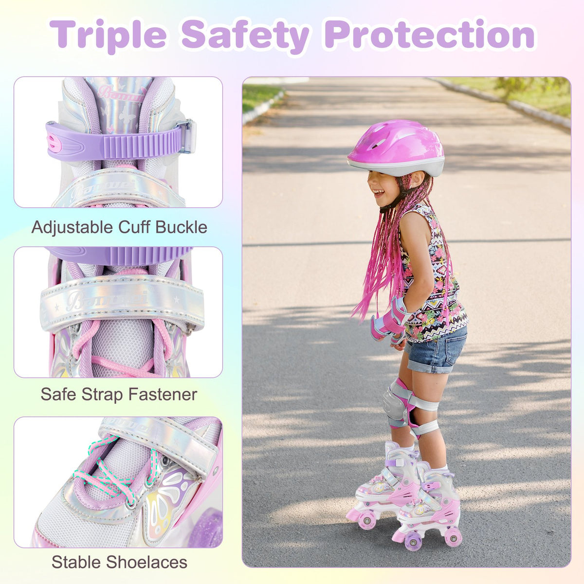Kids Roller Skates 4 Sizes Adjustable Quad Skates with Light-up Wheels and Safety Protection-Pink view 9
