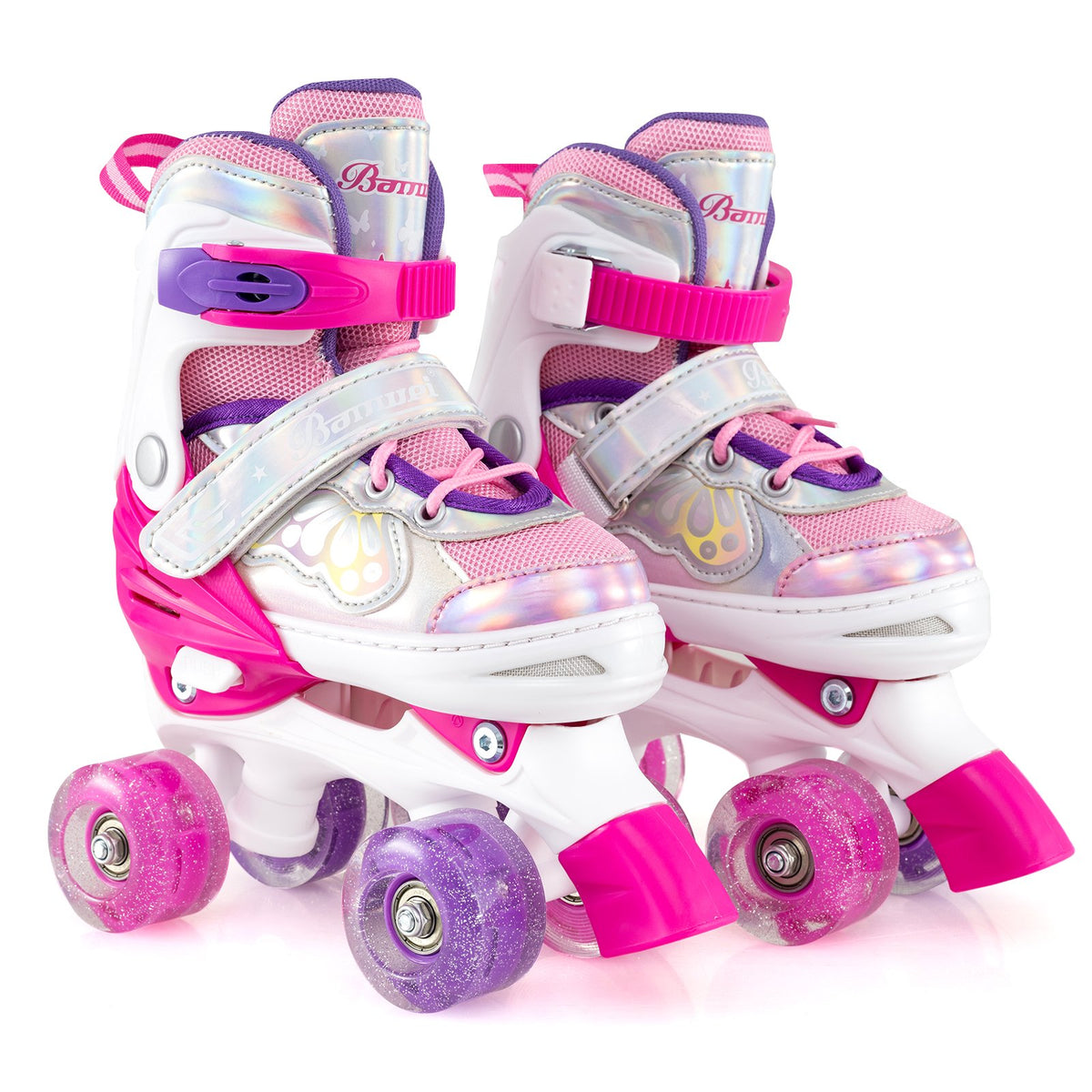 Kids Roller Skates 4 Sizes Adjustable Quad Skates with Light-up Wheels and Safety Protection-Rose Red
