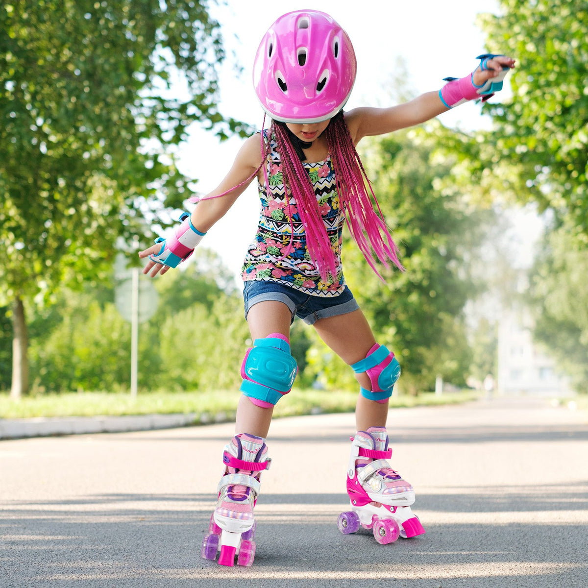 Kids Roller Skates 4 Sizes Adjustable Quad Skates with Light-up Wheels and Safety Protection-Rose Red view 2