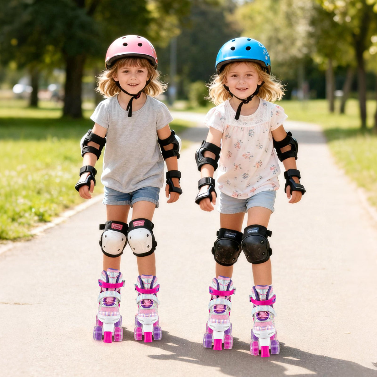 Kids Roller Skates 4 Sizes Adjustable Quad Skates with Light-up Wheels and Safety Protection-Rose Red view 5