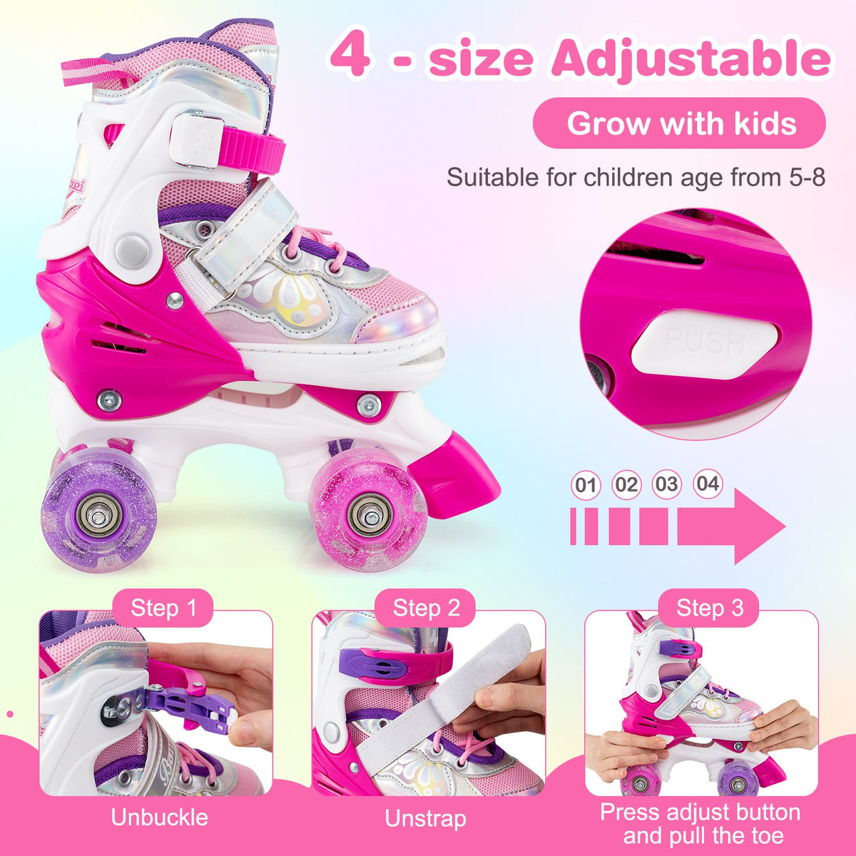 Kids Roller Skates 4 Sizes Adjustable Quad Skates with Light-up Wheels and Safety Protection-Rose Red view 7
