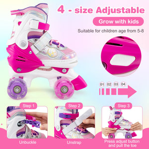Kids Roller Skates 4 Sizes Adjustable Quad Skates with Light-up Wheels and Safety Protection-Rose Red view 7