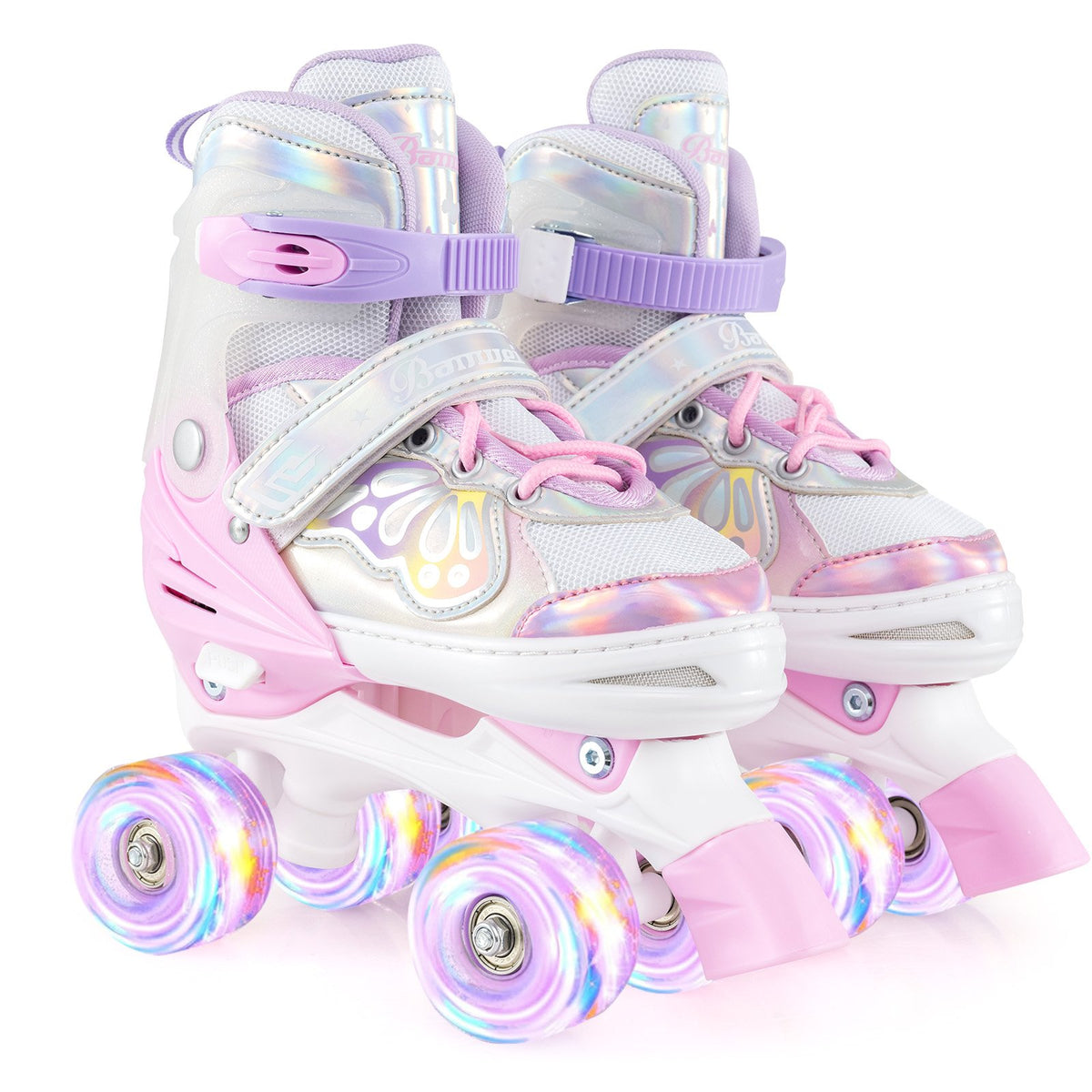 Kids Roller Skates 4 Sizes Adjustable Quad Skates with Light-up Wheels-Pink