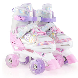 Kids Roller Skates 4 Sizes Adjustable Quad Skates with Light-up Wheels-Pink view 4