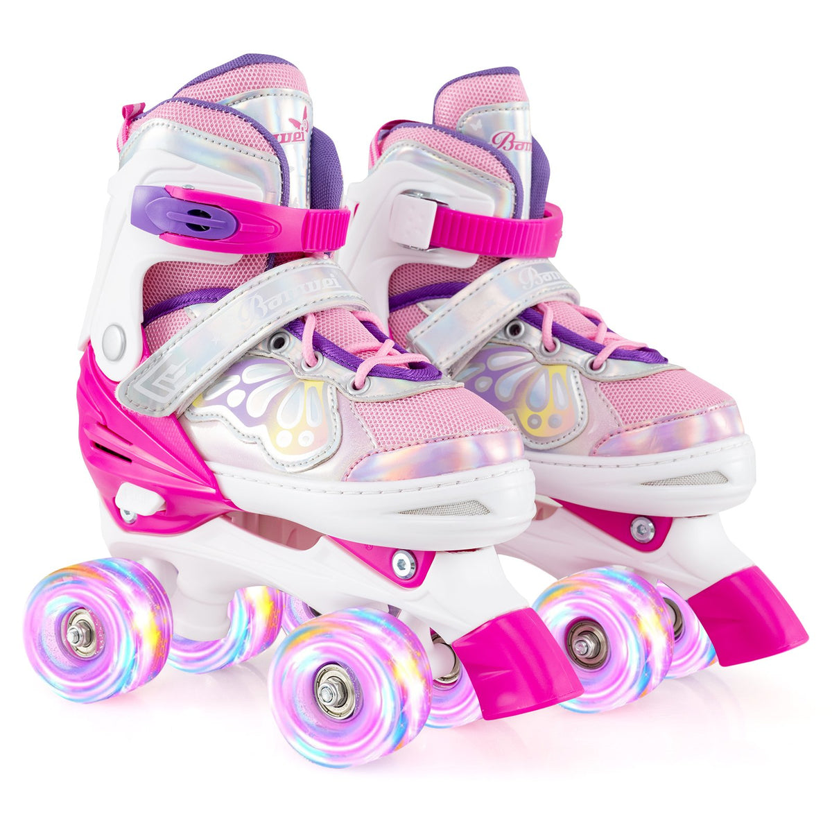 Kids Roller Skates 4 Sizes Adjustable Quad Skates with Light-up Wheels-Rose Red