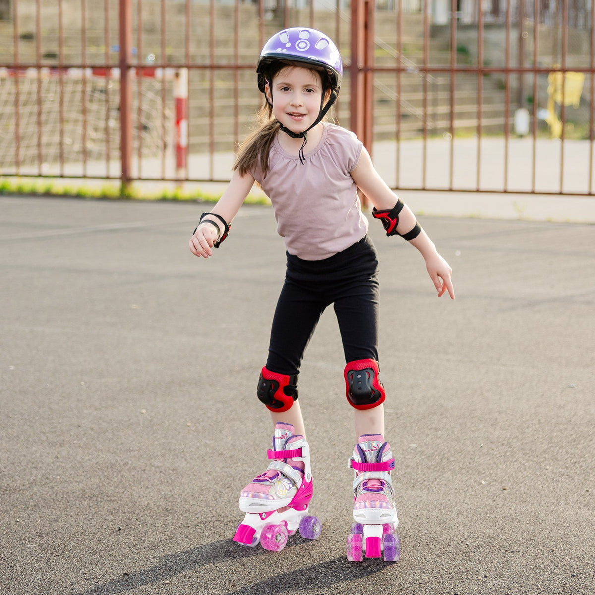 Kids Roller Skates 4 Sizes Adjustable Quad Skates with Light-up Wheels-Rose Red view 2
