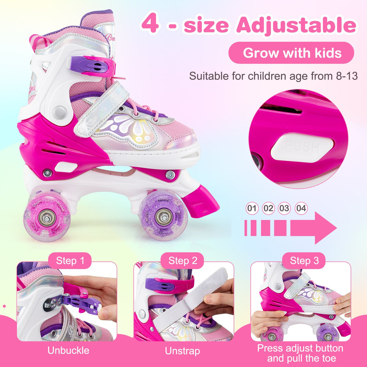 Kids Roller Skates 4 Sizes Adjustable Quad Skates with Light-up Wheels-Rose Red view 8