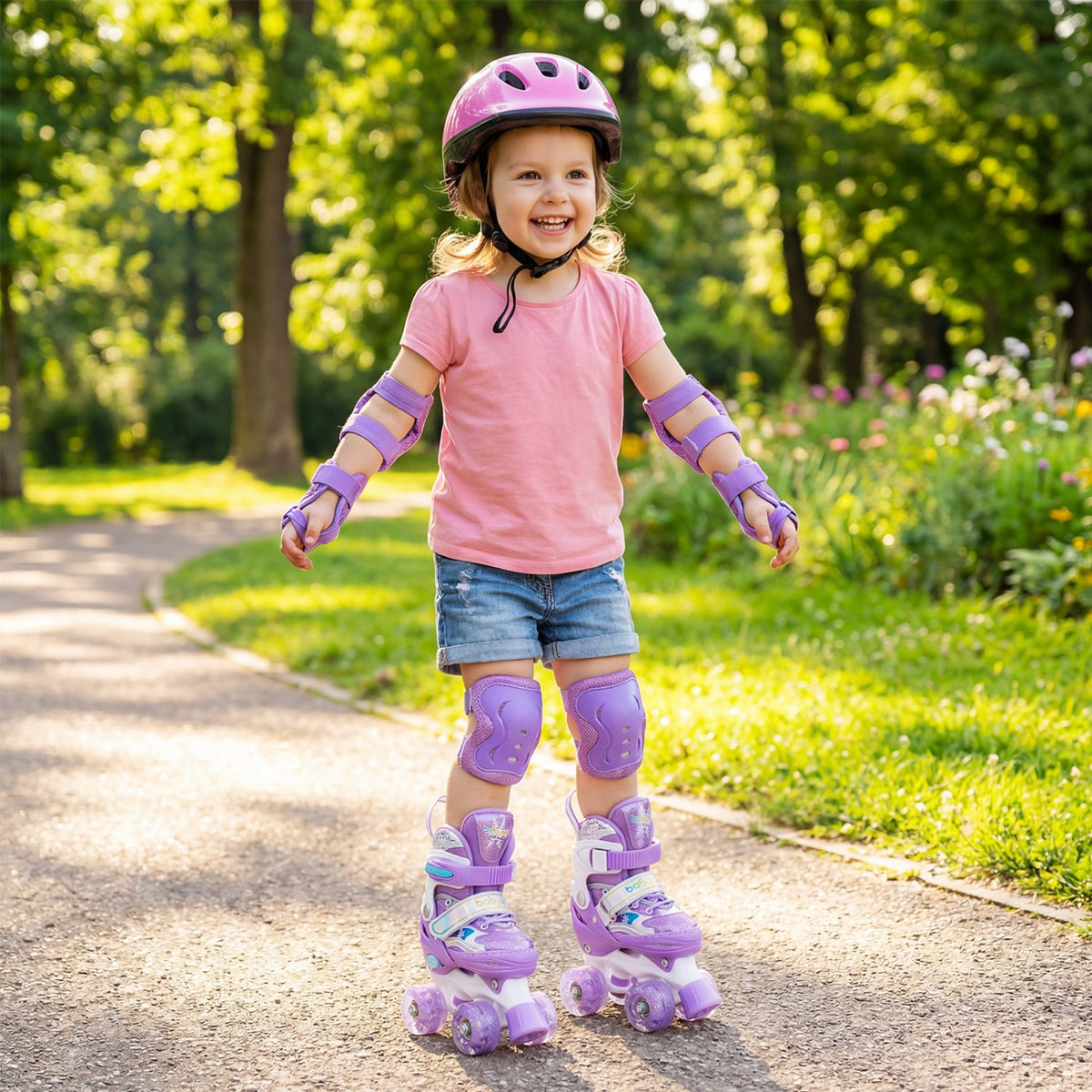 Kids Roller Skates 4 Sizes Adjustable with Light-up Wheels for Toddler Aged 3-4 (XS)-Purple view 3