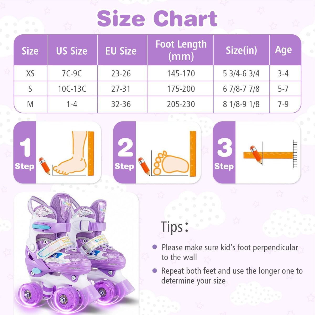 Kids Roller Skates 4 Sizes Adjustable with Light-up Wheels for Toddler Aged 3-4 (XS)-Purple view 4