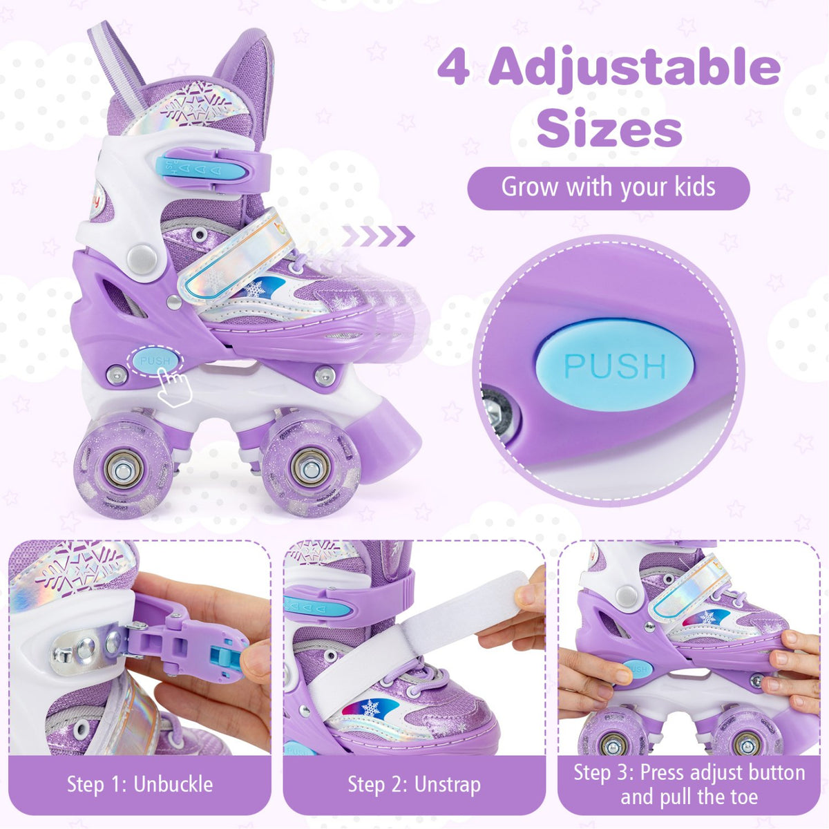 Kids Roller Skates 4 Sizes Adjustable with Light-up Wheels for Toddler Aged 3-4 (XS)-Purple view 6
