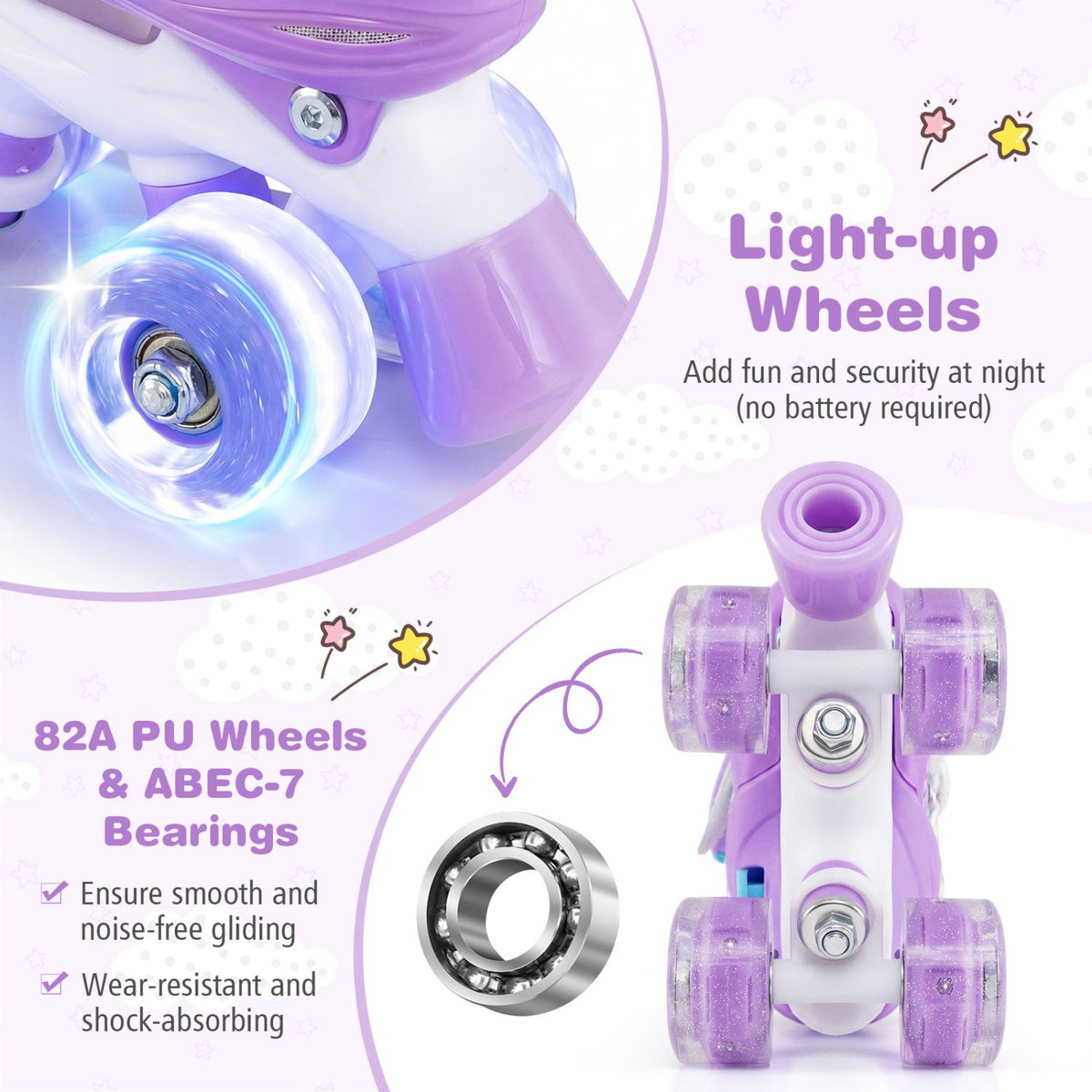 Kids Roller Skates 4 Sizes Adjustable with Light-up Wheels for Toddler Aged 3-4 (XS)-Purple view 7