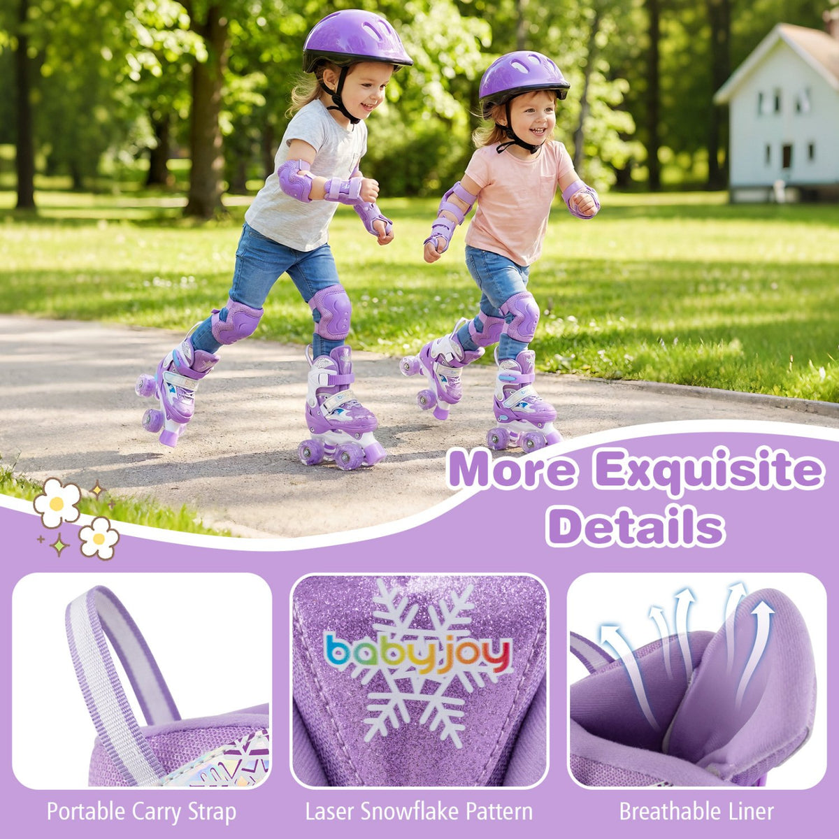 Kids Roller Skates 4 Sizes Adjustable with Light-up Wheels for Toddler Aged 3-4 (XS)-Purple view 9