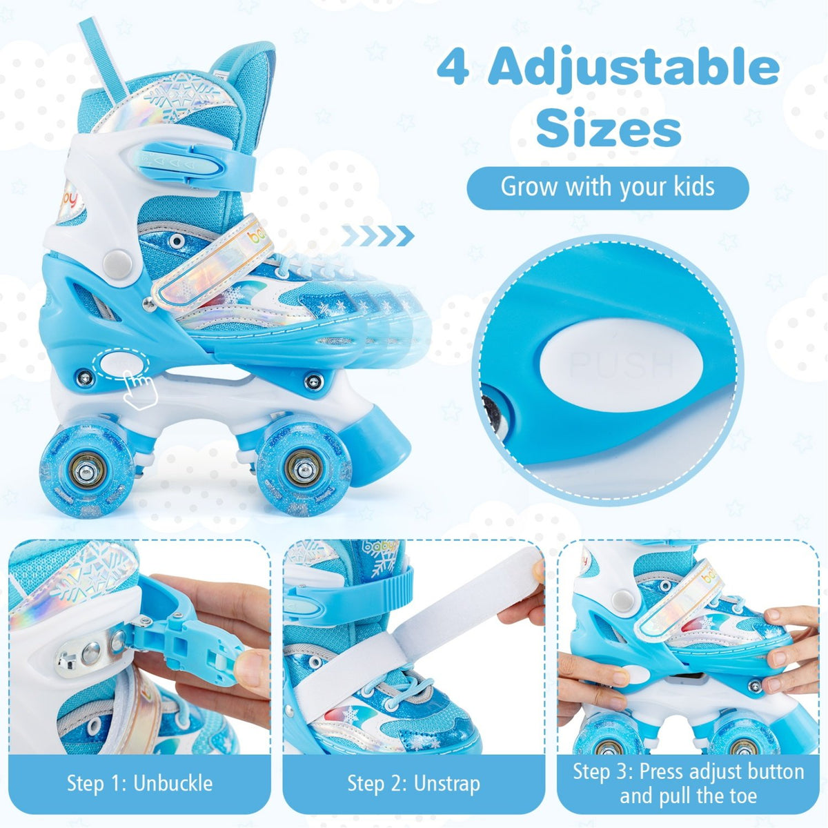 Kids Roller Skates 4 Sizes Adjustable with Light-up Wheels for Toddler Aged 5-7 (S)-Blue view 6