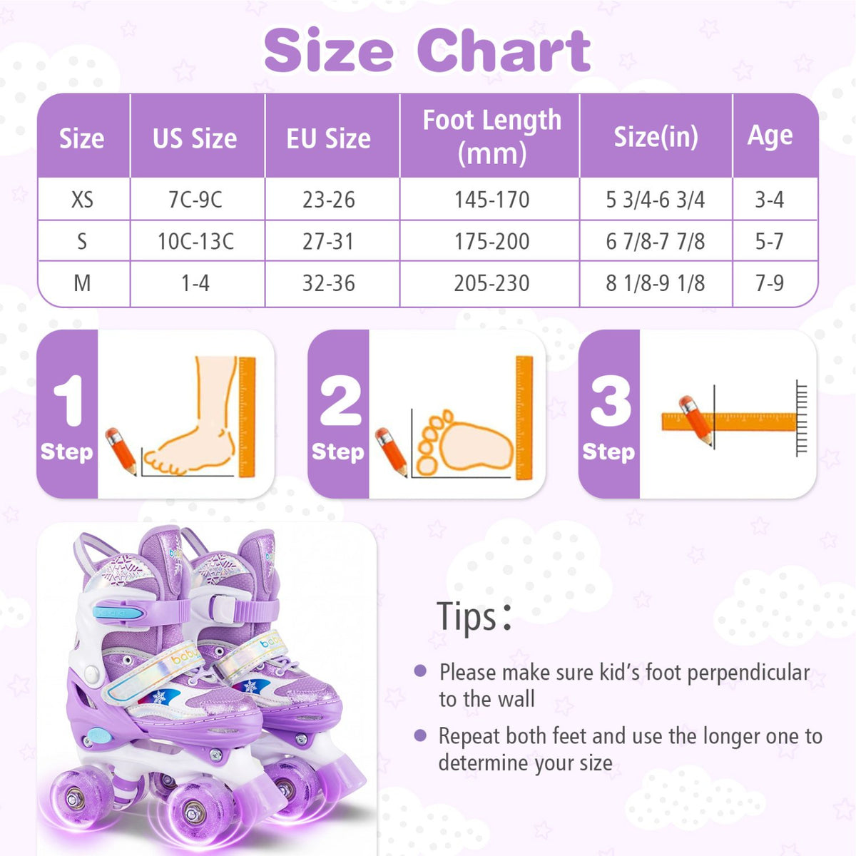 Kids Roller Skates 4 Sizes Adjustable with Light-up Wheels for Toddler Aged 5-7 (S)-Purple view 4