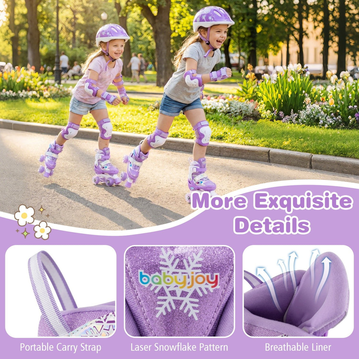 Kids Roller Skates 4 Sizes Adjustable with Light-up Wheels for Toddler Aged 5-7 (S)-Purple view 9