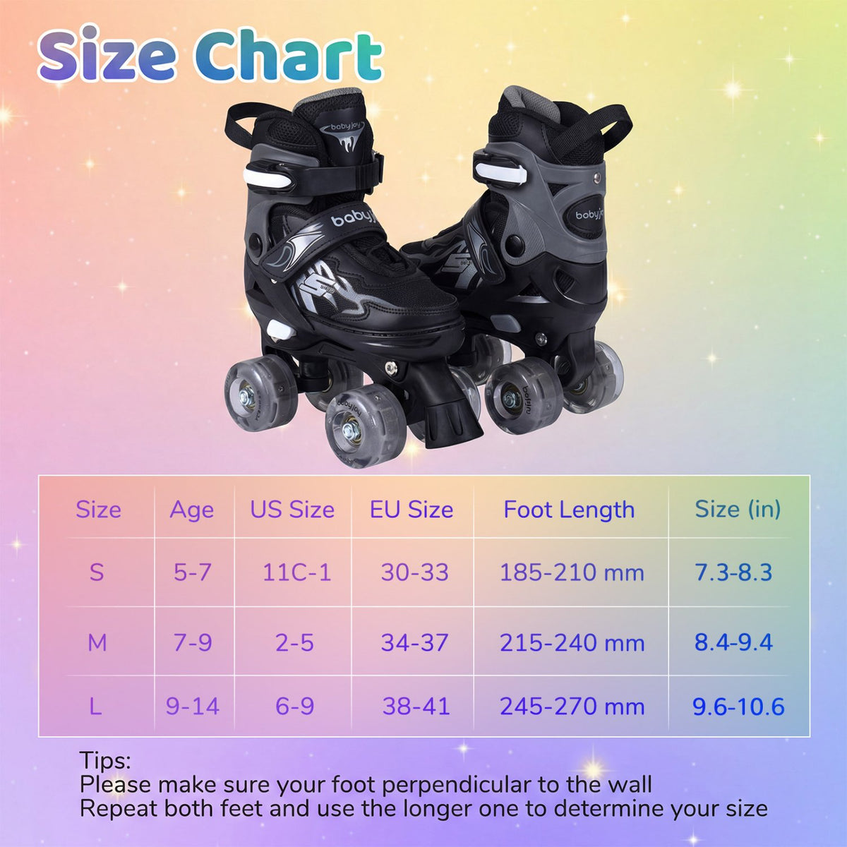 Kids Roller Skates for Girls Boys 4 Sizes Adjustable Quad Skates with Light-up Wheels-Black view 4