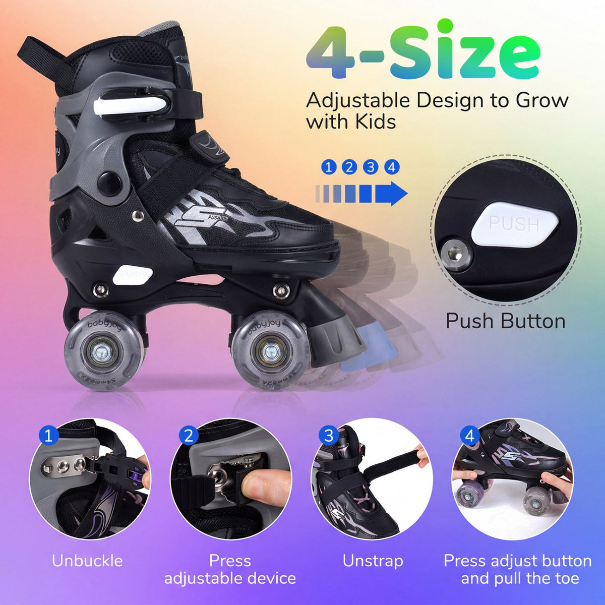 Kids Roller Skates for Girls Boys 4 Sizes Adjustable Quad Skates with Light-up Wheels-Black view 5