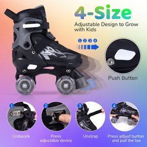 Kids Roller Skates for Girls Boys 4 Sizes Adjustable Quad Skates with Light-up Wheels-Black view 5