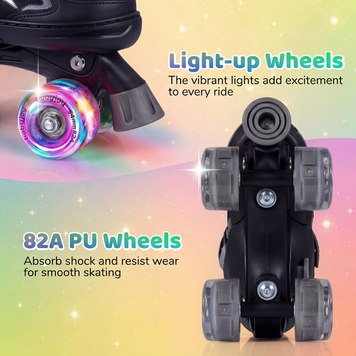 Kids Roller Skates for Girls Boys 4 Sizes Adjustable Quad Skates with Light-up Wheels-Black view 6