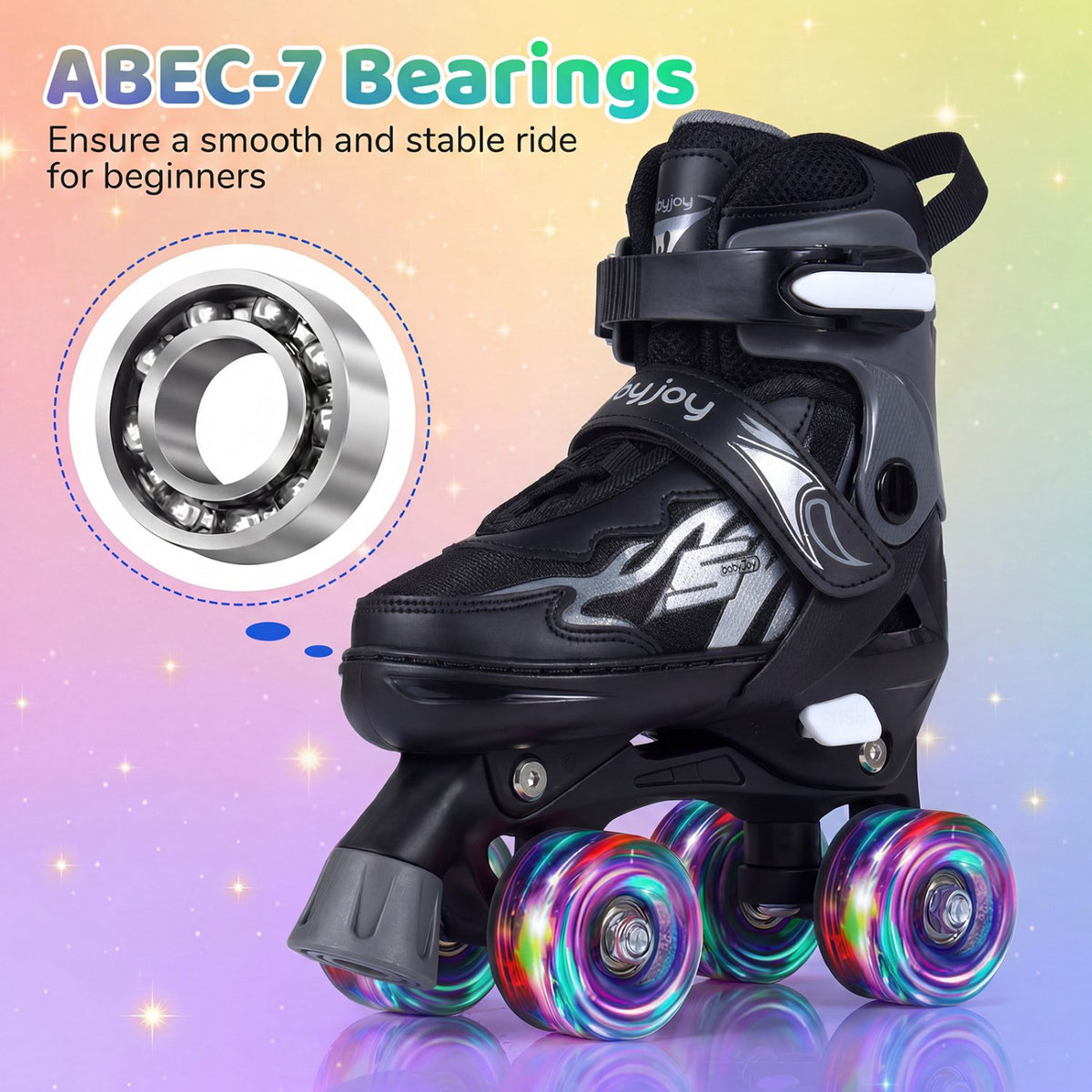 Kids Roller Skates for Girls Boys 4 Sizes Adjustable Quad Skates with Light-up Wheels-Black view 7