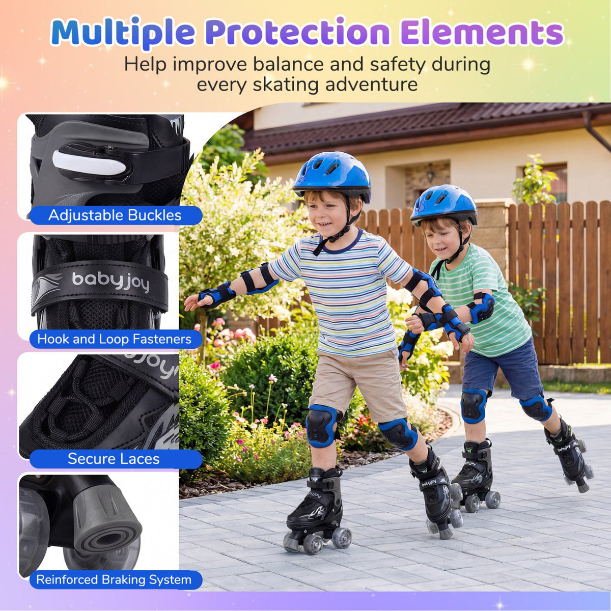 Kids Roller Skates for Girls Boys 4 Sizes Adjustable Quad Skates with Light-up Wheels-Black view 8