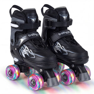 Kids Roller Skates for Girls Boys 4 Sizes Adjustable Quad Skates with Light-up Wheels for Outdoor-Black