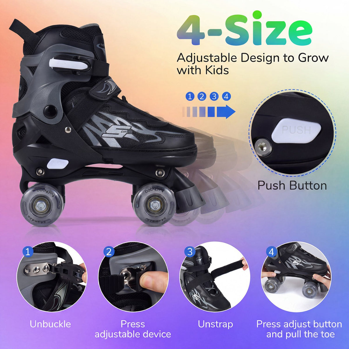 Kids Roller Skates for Girls Boys 4 Sizes Adjustable Quad Skates with Light-up Wheels for Outdoor-Black view 5