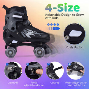 Kids Roller Skates for Girls Boys 4 Sizes Adjustable Quad Skates with Light-up Wheels for Outdoor-Black view 5