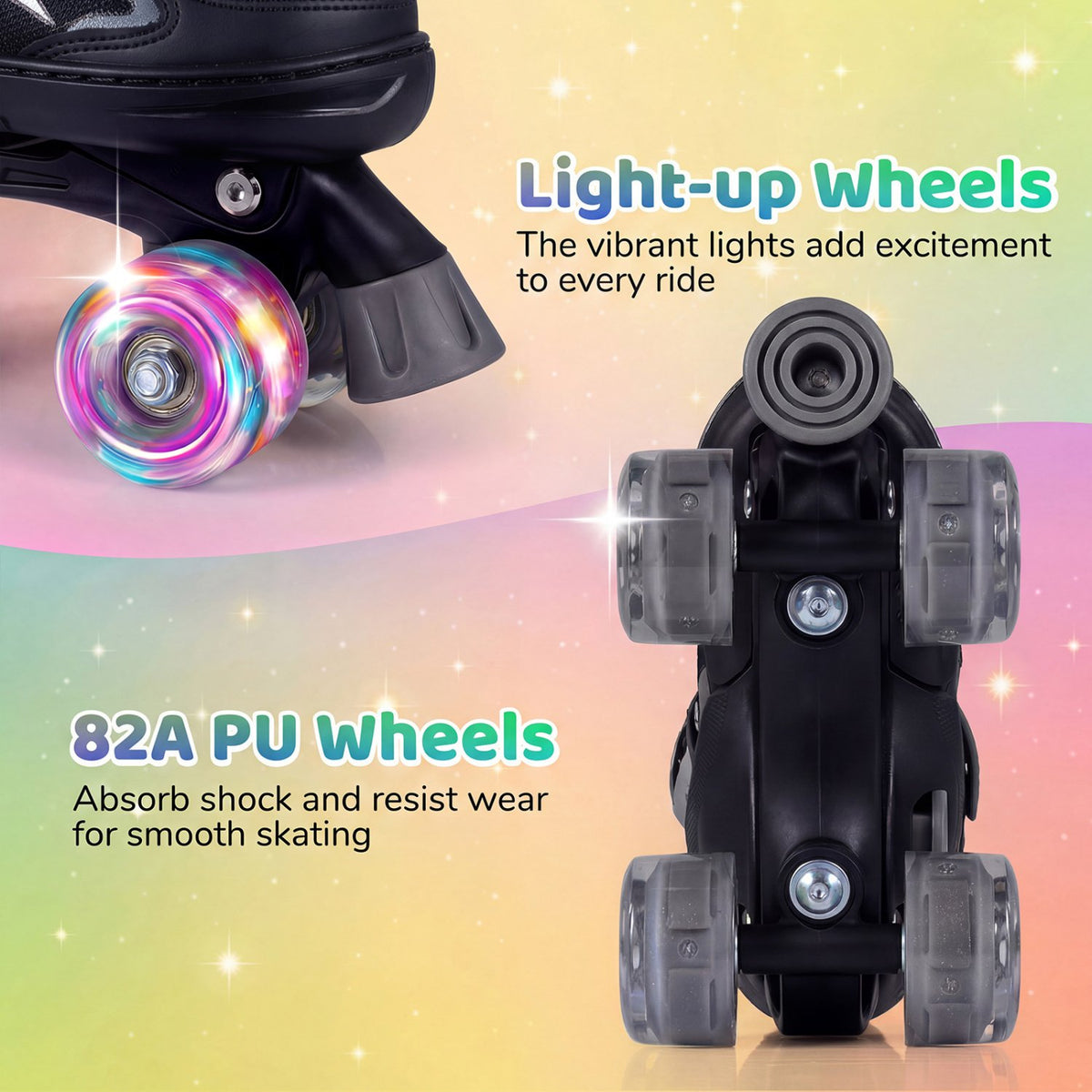 Kids Roller Skates for Girls Boys 4 Sizes Adjustable Quad Skates with Light-up Wheels for Outdoor-Black view 6