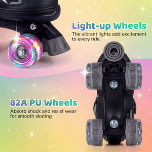 Kids Roller Skates for Girls Boys 4 Sizes Adjustable Quad Skates with Light-up Wheels for Outdoor-Black view 6
