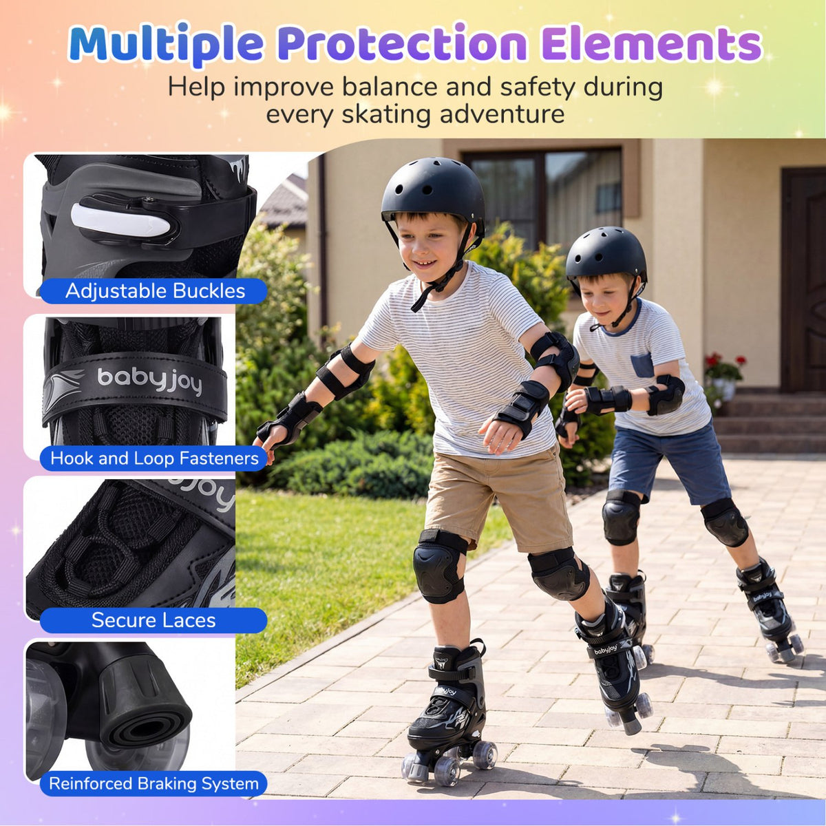 Kids Roller Skates for Girls Boys 4 Sizes Adjustable Quad Skates with Light-up Wheels for Outdoor-Black view 8