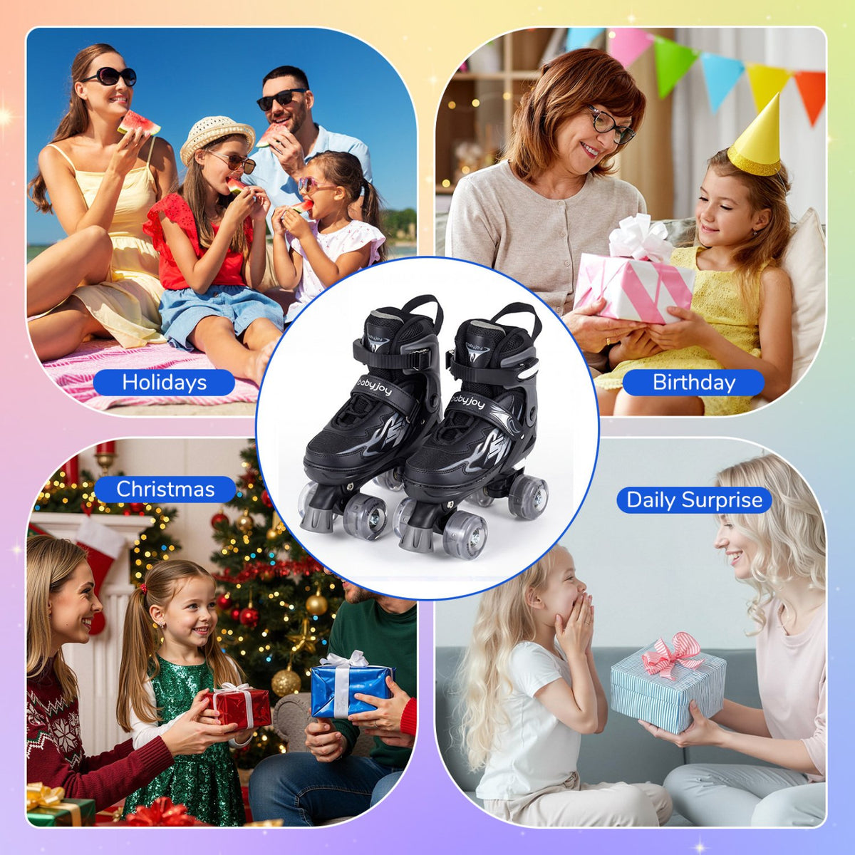 Kids Roller Skates for Girls Boys 4 Sizes Adjustable Quad Skates with Light-up Wheels for Outdoor-Black view 9