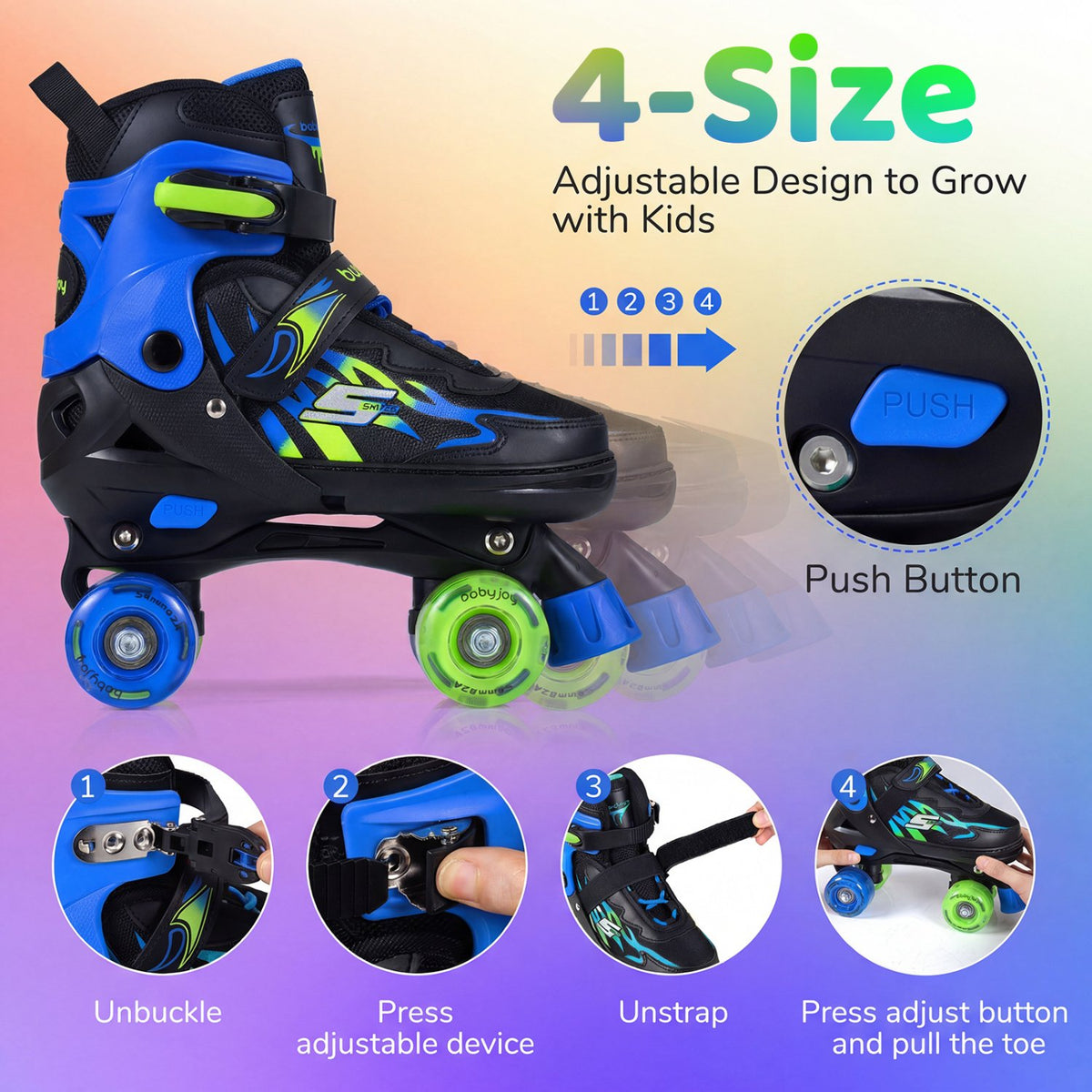 Kids Roller Skates for Girls Boys 4 Sizes Adjustable Quad Skates with Light-up Wheels for Outdoor-Navy view 5