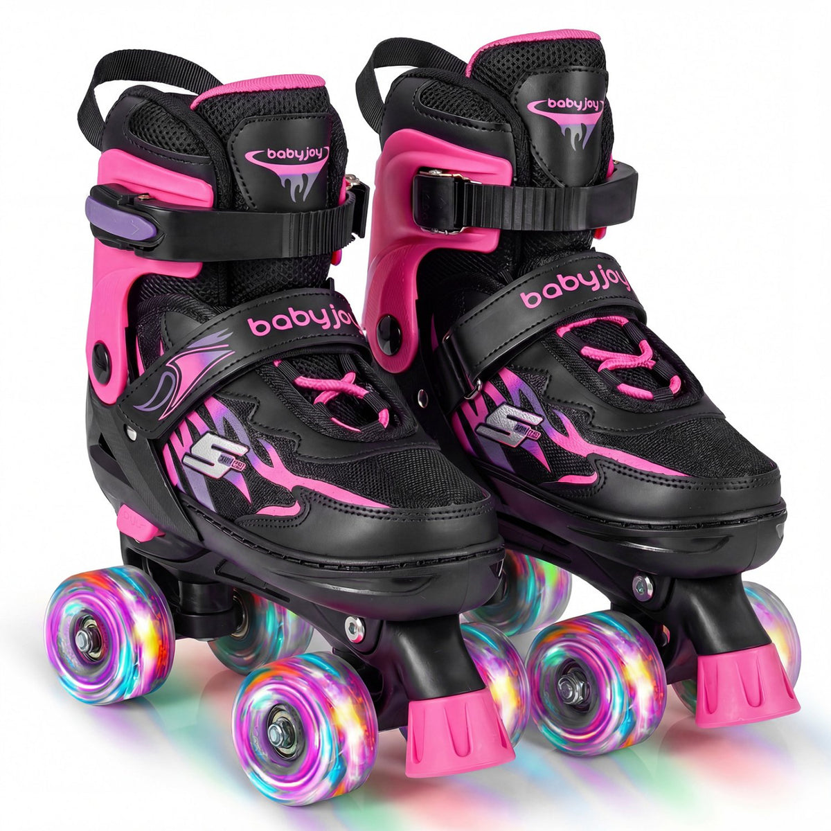 Kids Roller Skates for Girls Boys 4 Sizes Adjustable Quad Skates with Light-up Wheels for Outdoor-Pink