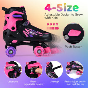 Kids Roller Skates for Girls Boys 4 Sizes Adjustable Quad Skates with Light-up Wheels for Outdoor-Pink view 5