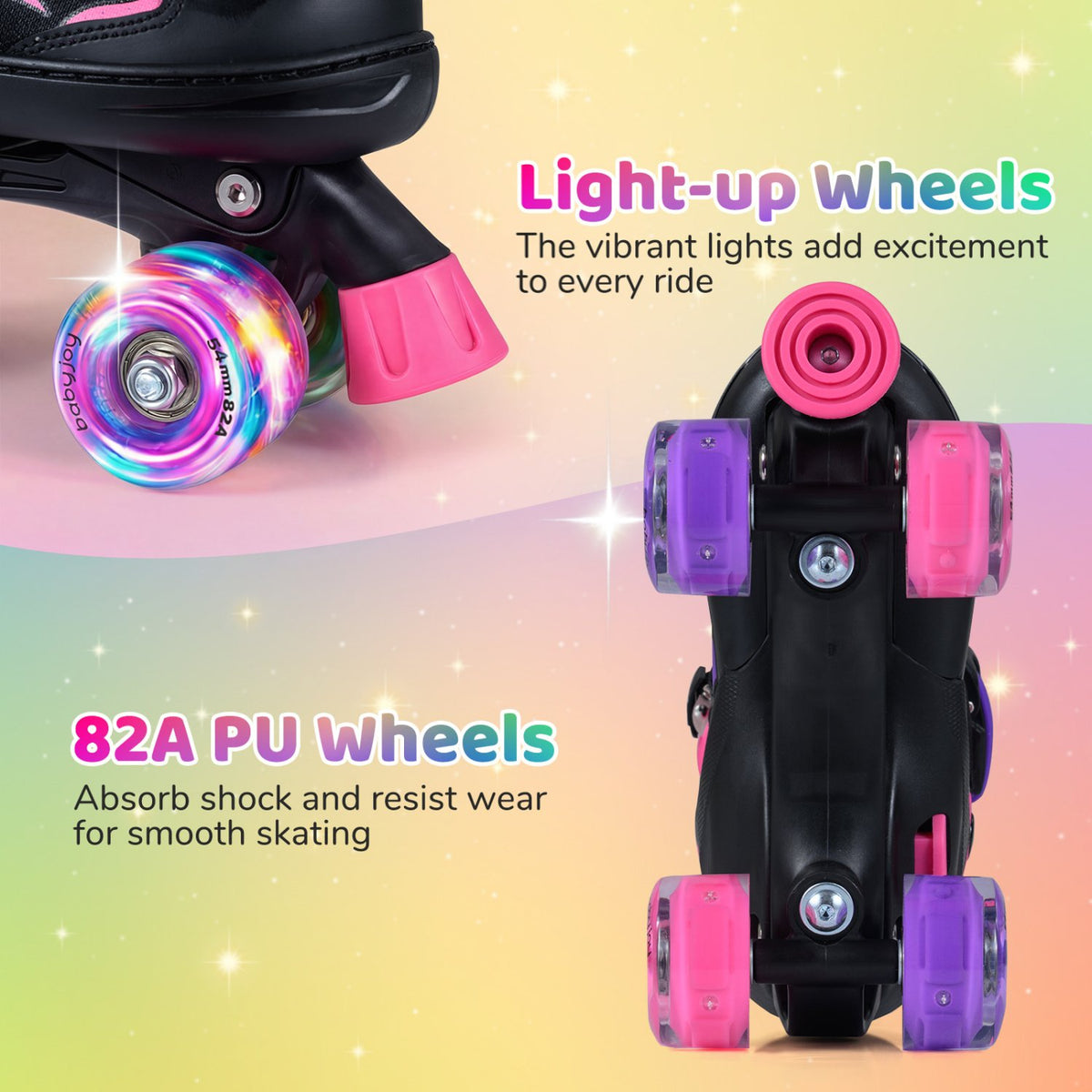 Kids Roller Skates for Girls Boys 4 Sizes Adjustable Quad Skates with Light-up Wheels for Outdoor-Pink view 6
