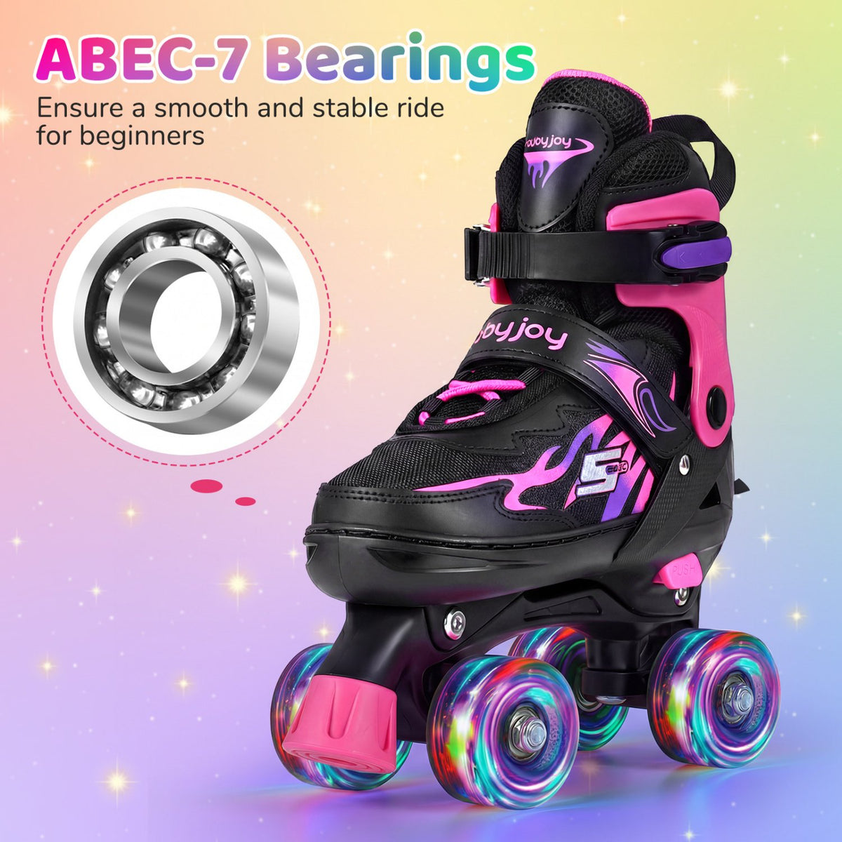 Kids Roller Skates for Girls Boys 4 Sizes Adjustable Quad Skates with Light-up Wheels for Outdoor-Pink view 7