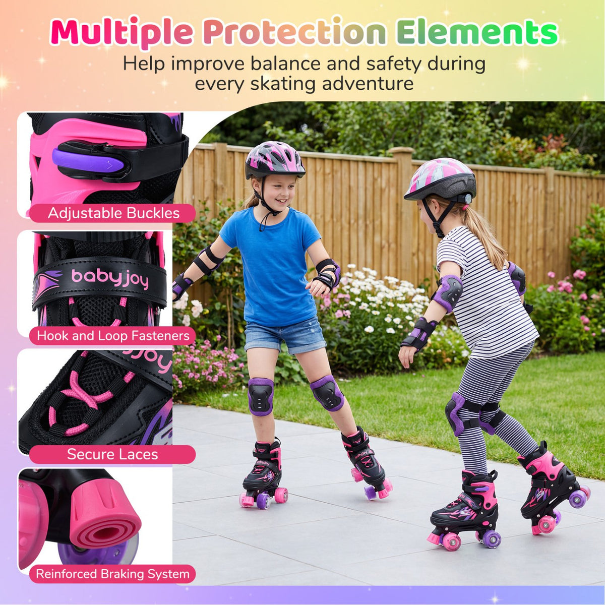 Kids Roller Skates for Girls Boys 4 Sizes Adjustable Quad Skates with Light-up Wheels for Outdoor-Pink view 8