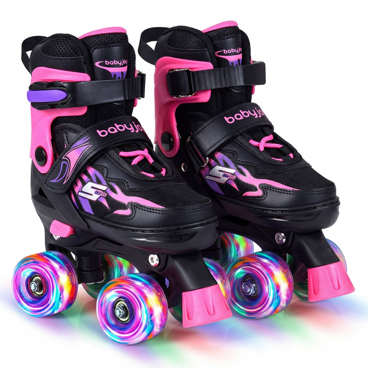 Kids Roller Skates for Girls Boys 4 Sizes Adjustable Quad Skates with Light-up Wheels-Pink