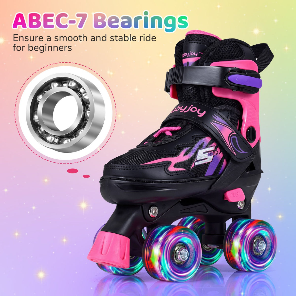 Kids Roller Skates for Girls Boys 4 Sizes Adjustable Quad Skates with Light-up Wheels-Pink view 7