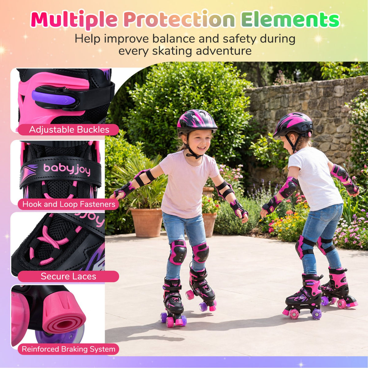 Kids Roller Skates for Girls Boys 4 Sizes Adjustable Quad Skates with Light-up Wheels-Pink view 8