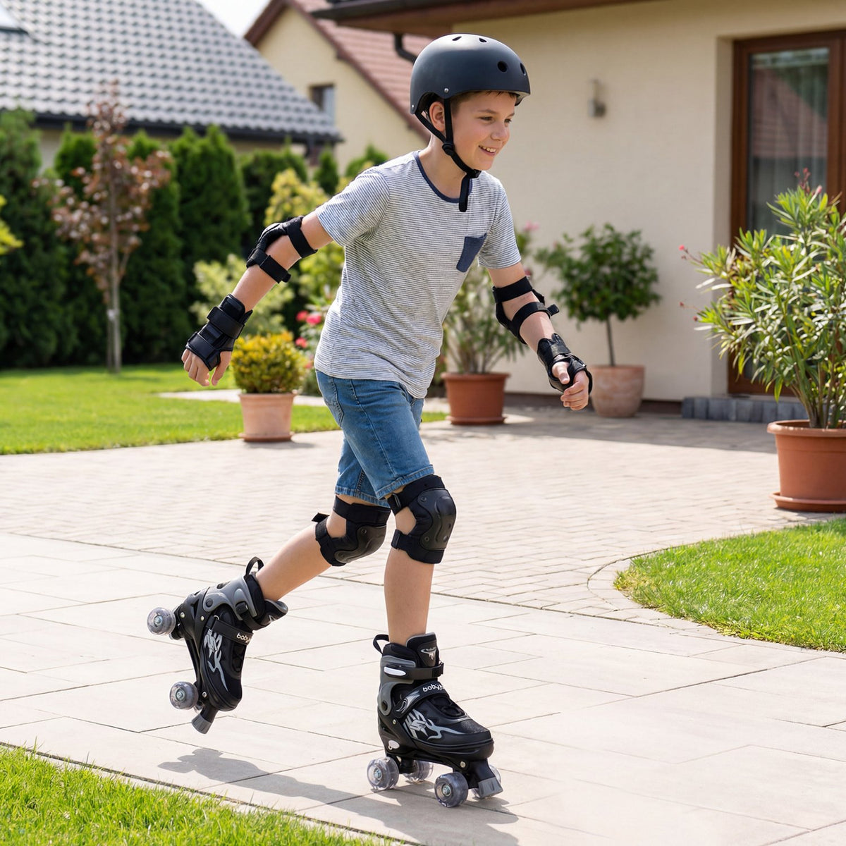 Kids Roller Skates for Girls Boys Teens 4 Sizes Adjustable Quad Skates with Light-up Wheels-Black view 3