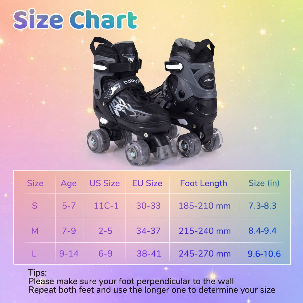 Kids Roller Skates for Girls Boys Teens 4 Sizes Adjustable Quad Skates with Light-up Wheels-Black view 4