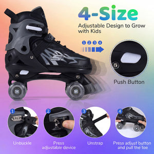 Kids Roller Skates for Girls Boys Teens 4 Sizes Adjustable Quad Skates with Light-up Wheels-Black view 5