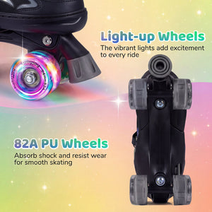 Kids Roller Skates for Girls Boys Teens 4 Sizes Adjustable Quad Skates with Light-up Wheels-Black view 6