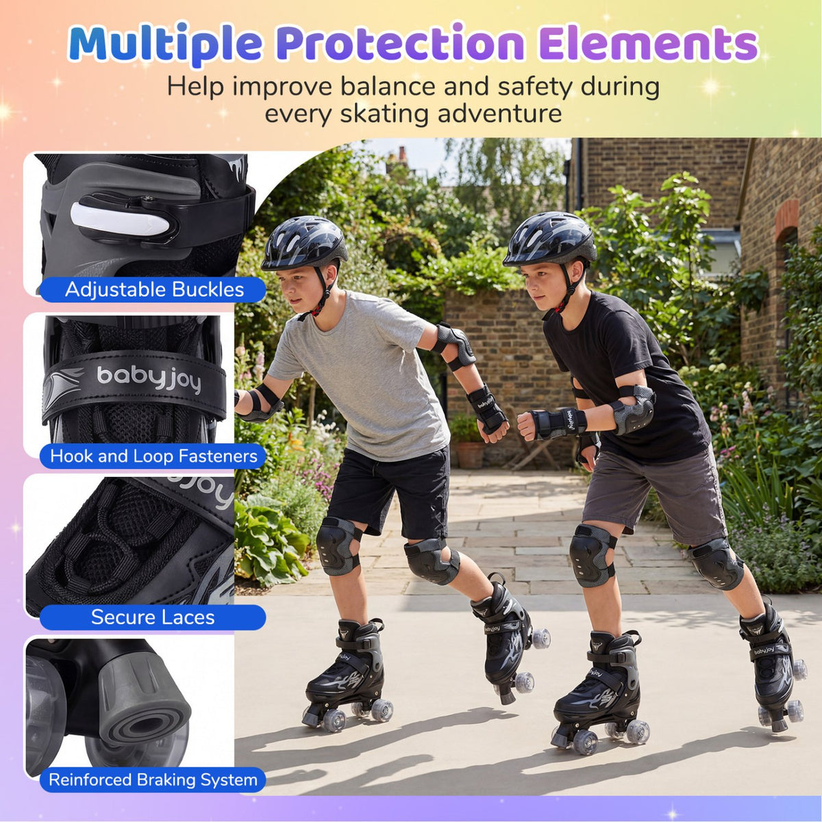 Kids Roller Skates for Girls Boys Teens 4 Sizes Adjustable Quad Skates with Light-up Wheels-Black view 8