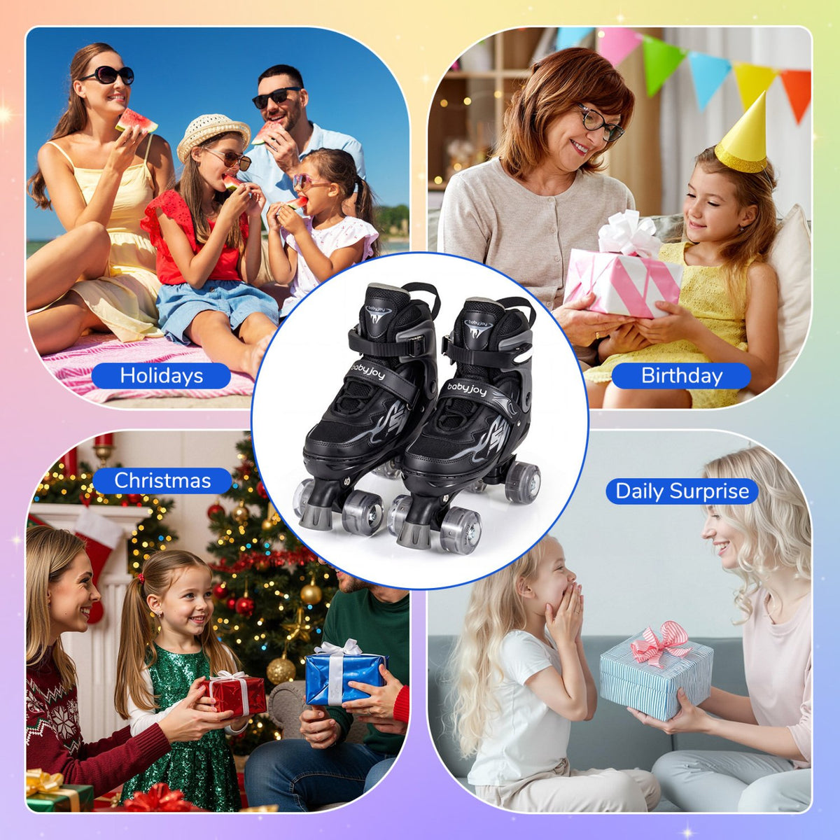 Kids Roller Skates for Girls Boys Teens 4 Sizes Adjustable Quad Skates with Light-up Wheels-Black view 9