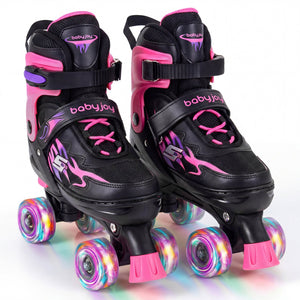 Kids Roller Skates for Girls Boys Teens 4 Sizes Adjustable Quad Skates with Light-up Wheels-Pink